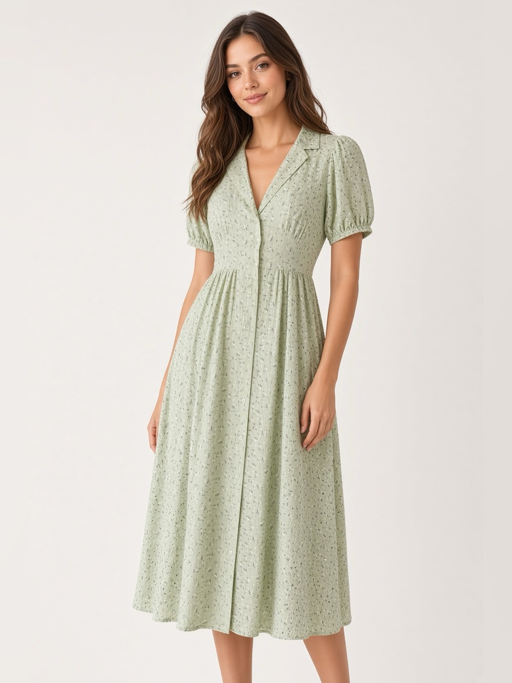 NWT In Bloom Green White Daisy Floral Puff Sleeve Button Front Midi Dress Small